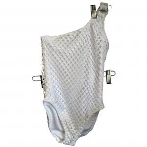 NEW LES TOUT PETITS girl's sparkle one shoulder hole swimsuit in white